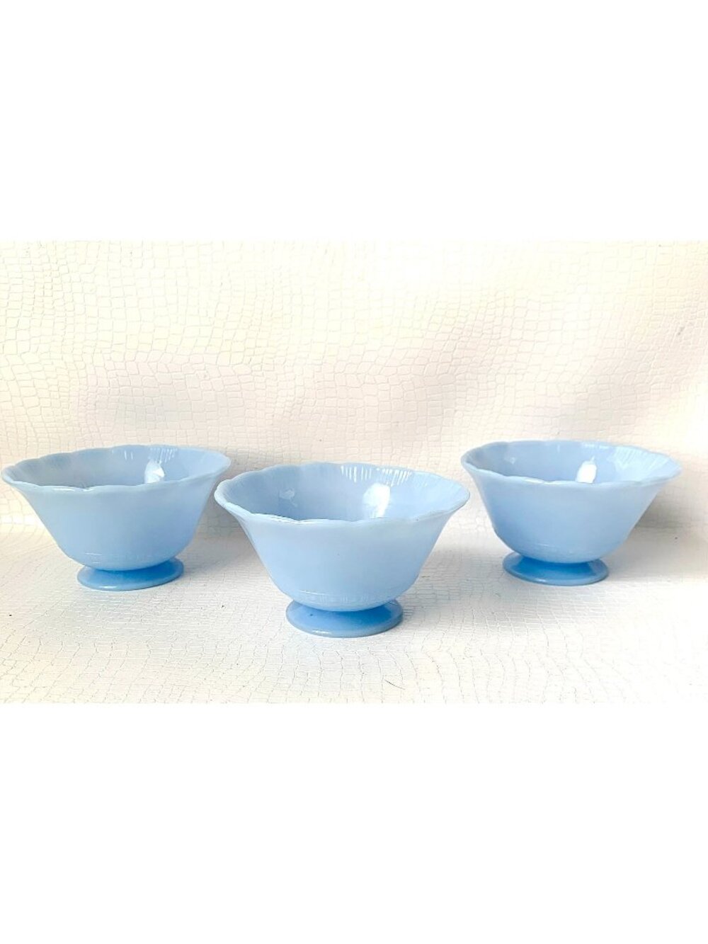 3 PYREX Delphite Blue Footed Sherbet Dessert Dishes 1930s Rare Canadian Blue Del